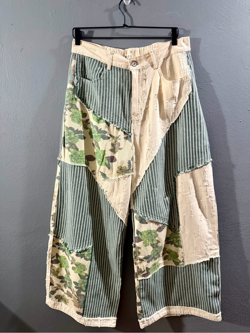 POL Patchwork Wide-Leg Pants in Green & Cream